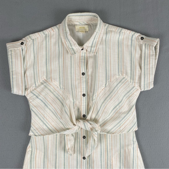 Maeve Anthropologie Dress Women 8 Cream Striped Knee Length Cotton Short Sleeve - Picture 4 of 16